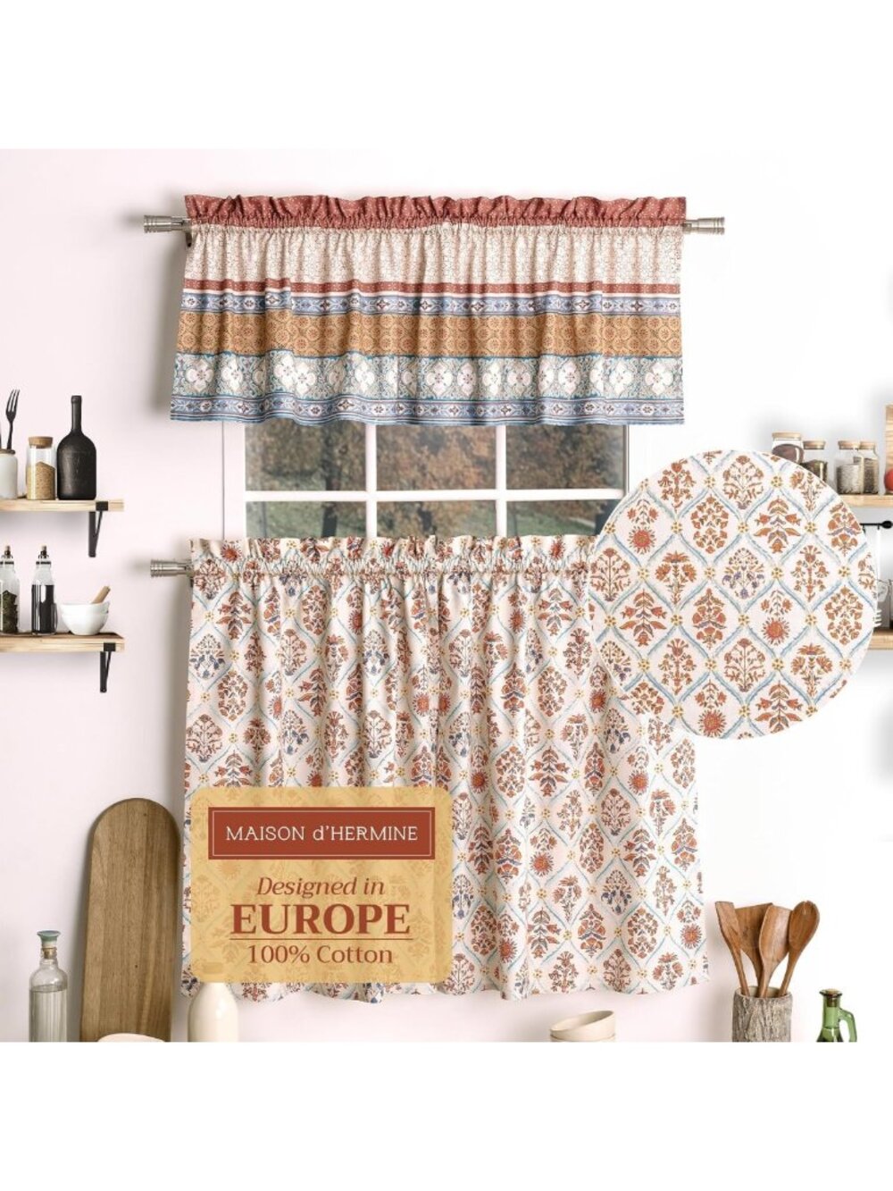 100% Cotton Kitchen Curtain Set - Rod Pocket Design for Windows, Home Decor